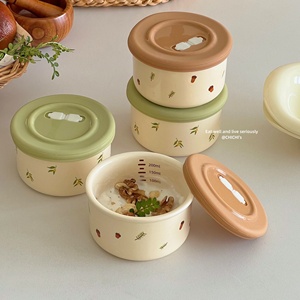 韩国ins可爱松果迷你陶瓷保鲜碗密封罐家用宝宝碗带刻度烘焙碗