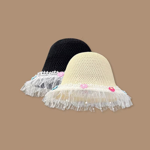 Charm Kebab日本设计师联名款 珍珠蕾丝遮阳透气女甜美可折叠草帽