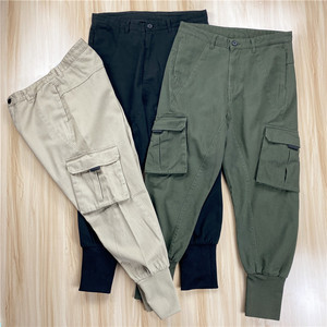 外贸男装全棉水洗斜纹纱卡面料秋冬工装裤宽松窄口休闲裤男多袋裤