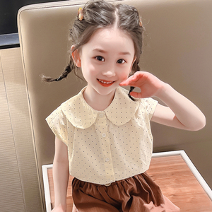 法国女童夏季娃娃衫上衣圆点纯棉娃娃领短袖衬衫女孩宝宝夏装T恤