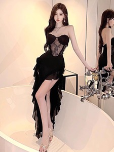 夜场辣妹裙子超显身材的黑色连衣裙夜店晚礼服性感一字肩抹胸长裙