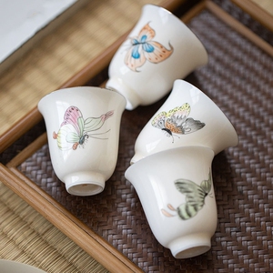 釉上彩手绘蝴蝶主人杯聚香闻香杯单个描金品茗杯功夫茶杯套组