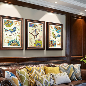 美式装饰画客厅沙发背景墙挂画田园花鸟卧室餐厅壁画欧式三联油画