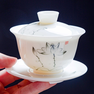 手绘大号三才盖碗羊脂玉德化白瓷单个泡茶碗陶瓷功夫茶具茶杯套装