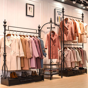 服装店展示架简约黑色落地架双层挂衣架女装单杠装修货架推荐