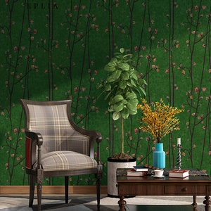复古墨绿色墙纸田园碎花中式客厅卧室电视背景墙壁纸家用轻奢