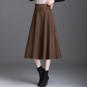 咖色毛呢半身裙女秋冬洋气韩版过膝a字裙大码遮胯显瘦中长款裙子