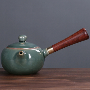 祥业茶壶家用陶瓷功夫茶具泡茶壶防烫实木侧把壶小号简约高档单壶
