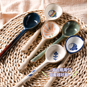陶瓷勺子高颜值粗陶汤勺家用调羹日式餐具可爱汤匙长柄喝汤小勺子