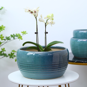 魅影海蓝花盆陶瓷矮款大口径蝴蝶兰绿萝组合加厚盆景圆形花盆批发