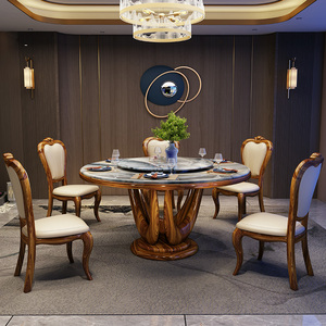 威狮漫乌金木餐桌椅组合家用中式客厅大理石圆形实木饭桌带转盘