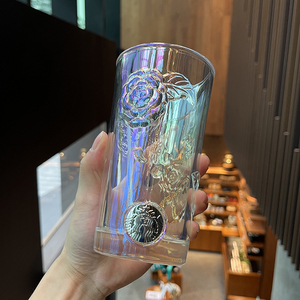 星巴克杯子立体浮雕山茶花玻璃杯炫彩铜章大容量办公室咖啡杯水杯