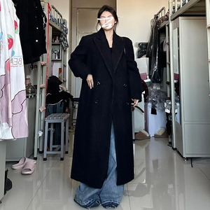 黑色西装式呢子大衣女春秋季新款韩系气质高级感长款宽松毛呢外套