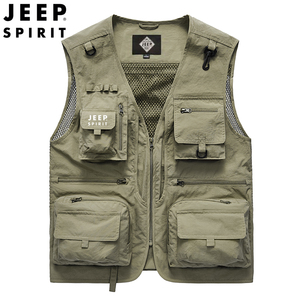jeep吉普男装马甲男户外摄影钓鱼背心夏天多口袋网眼坎肩休闲外套
