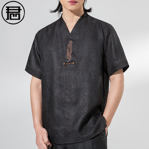 香云纱男装短袖唐装汉服男复古宽松真丝t恤中式桑蚕丝上衣中国风