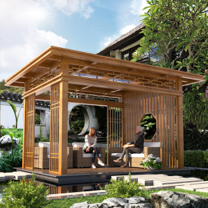 新中式亭子庭院凉亭铝合金休闲亭户外民宿防腐木屋小别墅花园设计