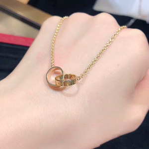 代购cartier/卡地亚项链love双环 18k玫瑰金 镶钻 双圈吊坠锁骨链