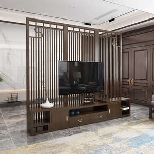 新中式实木屏风隔断客厅家用遮挡玄关柜电视柜背景墙镂空装饰禅意