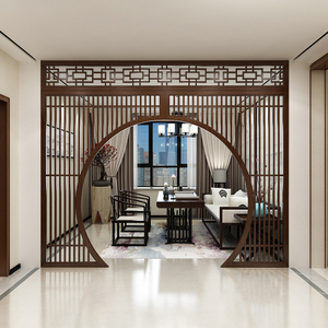 入户玄关遮挡客厅隔断墙屏风装饰月亮门新中式古典拱门镂空格栅