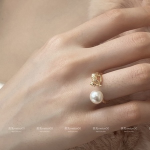 美兔metoo韩国可爱小猫珍珠百搭轻奢戒指小众复古个性指环可调节