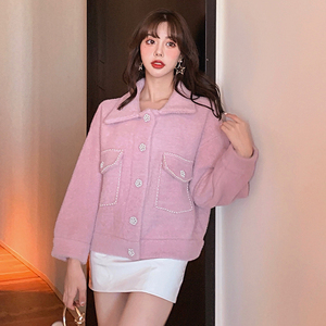 水貂绒粉色短外套