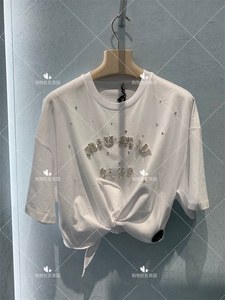miumiu缪缪21新款购物狂 女士白色水钻系带短袖t恤mjn364