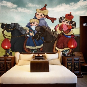 蒙古元素传统壁画卡通人物壁纸客厅背景墙草原特色烤羊餐厅防水布