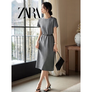 ZARA圆领短袖T恤连衣裙女2024年夏季新款腰带收腰显瘦中长款裙子