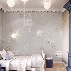 火箭星星墙纸男孩女孩卧室壁纸儿童房卡通墙布个性创意壁画幼儿园
