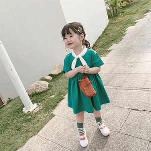 女童夏装连衣裙韩版儿童短袖纯棉夏裙海军风绿色小孩宝宝可爱裙子