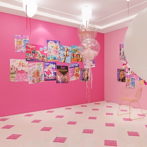 粉色芭比娃娃照片墙自拍馆壁纸网红打卡换装馆主题房拍照背景墙纸