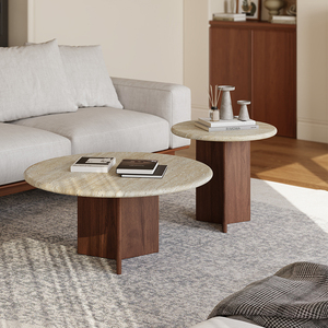 北欧现代复古风实木洞石茶几小户型客厅家用沙发边几角几圆形组合