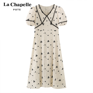 拉夏贝尔pote夏季法式复古碎花连衣裙女2022新款米白色气质长裙子
