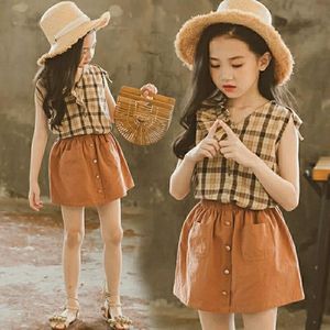 女童夏季套装女孩韩版复古棉麻中大童洋气格子短裙中小儿童两件套