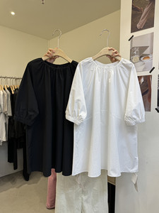 sanbara2024夏季新款韩系拼接设计感圆领套头简约中长款连衣裙女