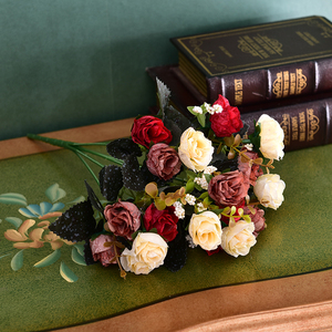 欧式高级仿真玫瑰花束客厅室内装饰插花绢花餐桌假花干花手工艺品