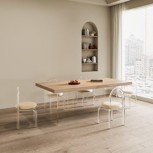 北欧木纹岩板餐桌2023新款侘寂风亚克力悬浮家用小户型实木长方形