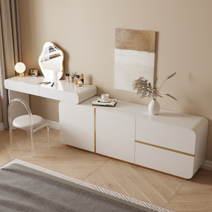 法式轻奢奶油风梳妆台实木纯白色烤漆主卧室一体伸缩收纳柜化妆桌