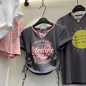 儿童女韩国夏季学生短款字母冰丝抽绳V领紧身弹力短袖T恤上衣潮