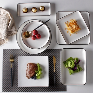 盘子家用西餐盘牛排盘创意碟子欧式简约黑线陶瓷餐具菜盘日式盘子