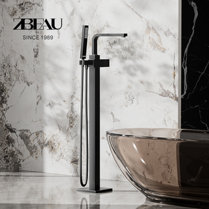 ZBEAU全铜浴缸落地式水龙头黑色淋浴花洒喷头可旋转极简立柱嵌入