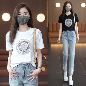 新中式牛仔裤套装女2024夏季新款小个子国风t恤九分直筒裤两件套