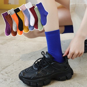 黑色袜子女中筒袜春夏透气长筒袜运动纯色堆堆袜糖果色简约学生袜