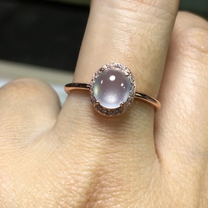 缅甸高冰种翡翠戒指女白冰蛋面a货925银镀金镶天然玉石指环活口