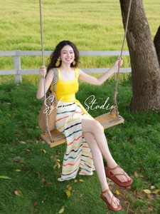 Sylvia Studio法式高级感彩虹条纹毛织半身裙夏季一片式开叉长裙