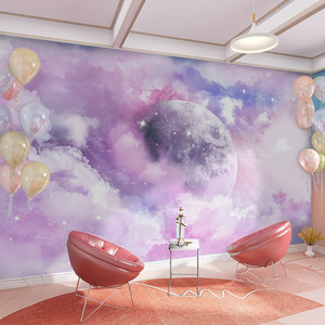 星球月球壁布ins风卧室装饰网红店直播背景墙布粉色梦幻星空壁纸