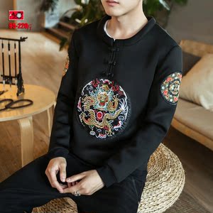 复古盘扣蟒袍刺绣龙纹图案长袖t恤男士春季中国风龙袍大码套头衫