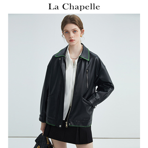 拉夏贝尔LaChapelle翻领pu皮衣美拉德外套女宽松机车风甜酷皮夹克