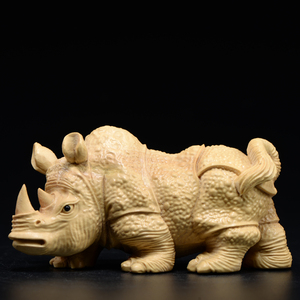 小叶黄杨木雕犀牛摆件实木头雕刻发财灵犀红木家居饰品创意工艺品