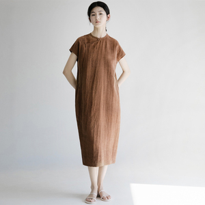 新叶集新中式女装真丝香云纱薯莨色改良旗袍宽松连衣裙【暑天游】